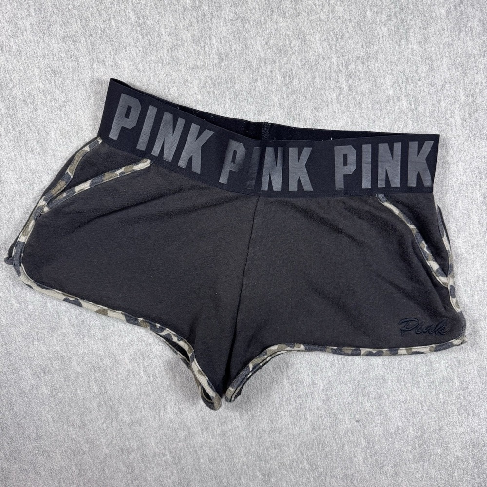 VICTORIA'S SECRET PINK Booty Short Size L Black & Camo Waistband Logo